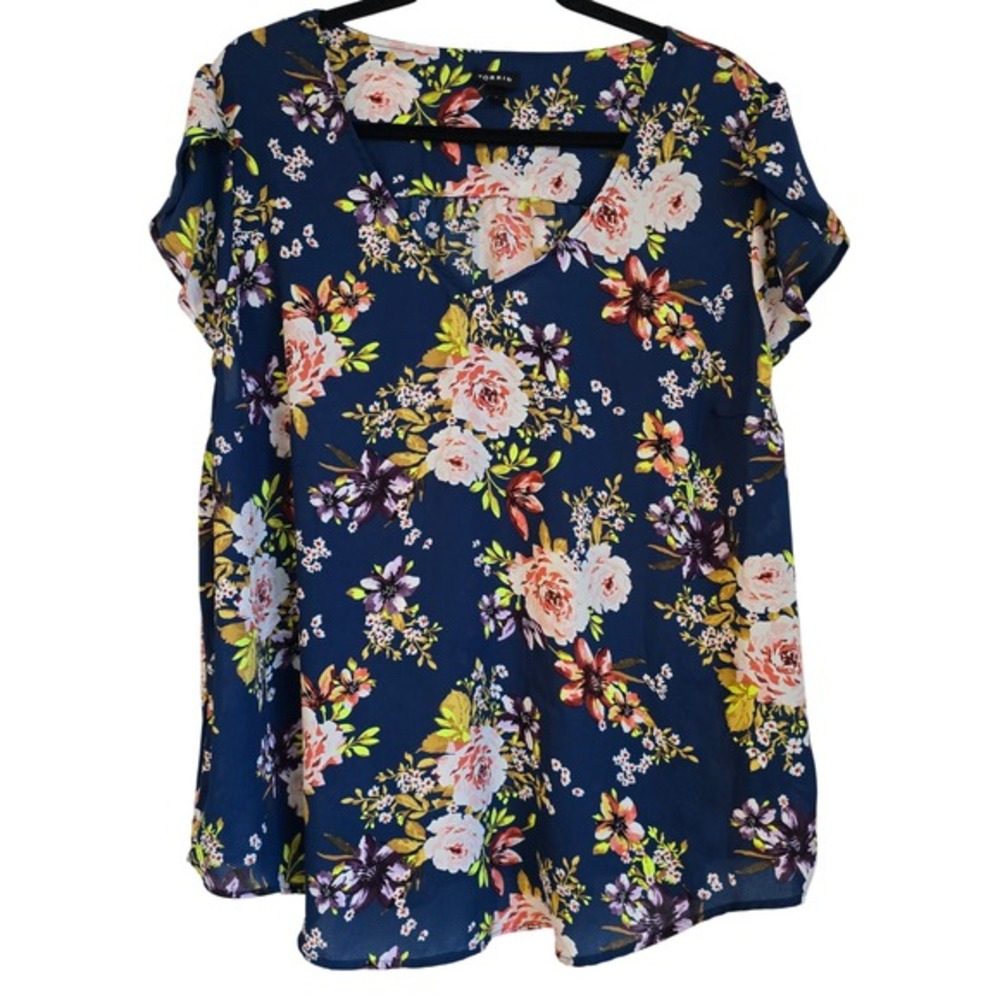 😀 Torrid Navy Floral Print V Neck Short Sleeve Tunic Top Womens Size 2